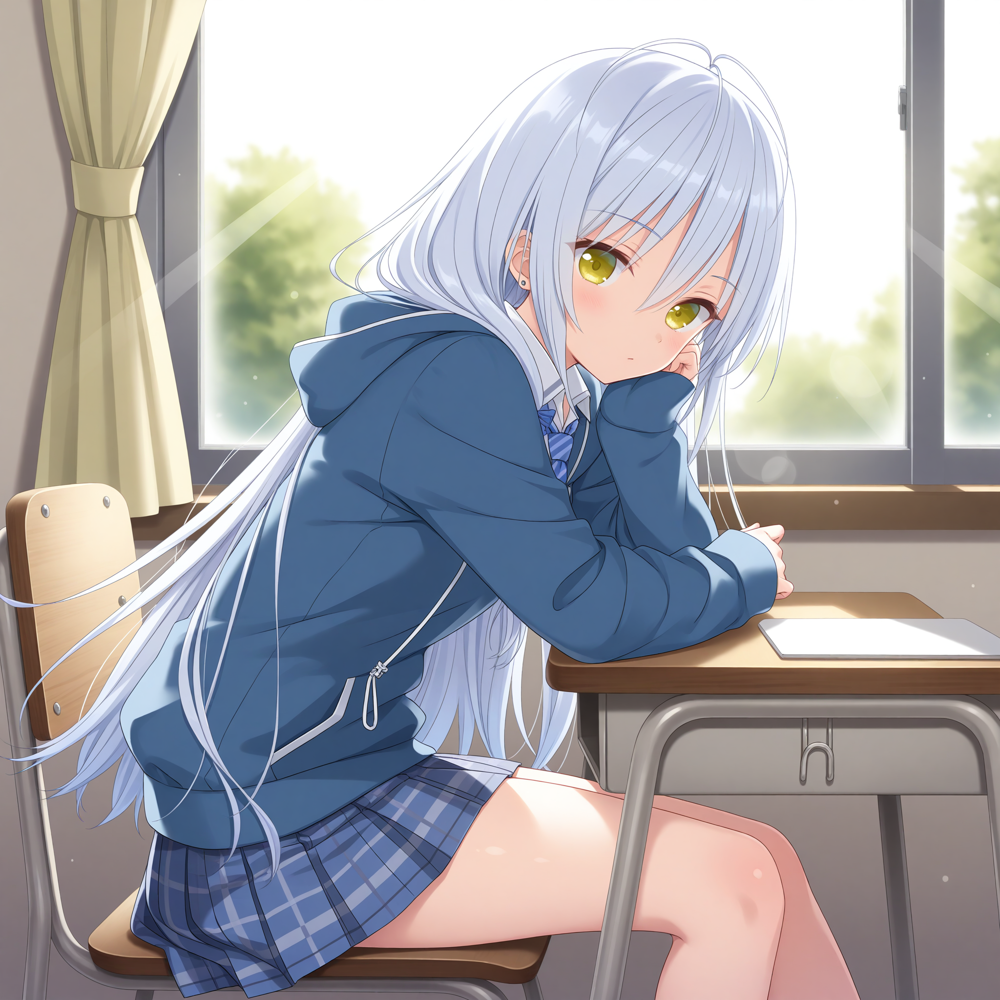 <lora:Umino_Miyako_1_nai-000029:1>,Umino Miyako,hair ribbon,blue ribbon,single braid,
school uniform,white shirt,long sleeves,plaid skirt,pleated skirt,collared shirt,grey skirt,drawstring,hooded jacket,sleeves past wrists,blue jacket,diagonal-striped clothes,miniskirt,blue skirt,blue necktie,diagonal-striped necktie,hood down,
BREAK
1girl,solo,looking at viewer,sitting,from side,arm support,on chair,desk,indoors,window,curtains,day,arm on table,depth of field,lens_flare,