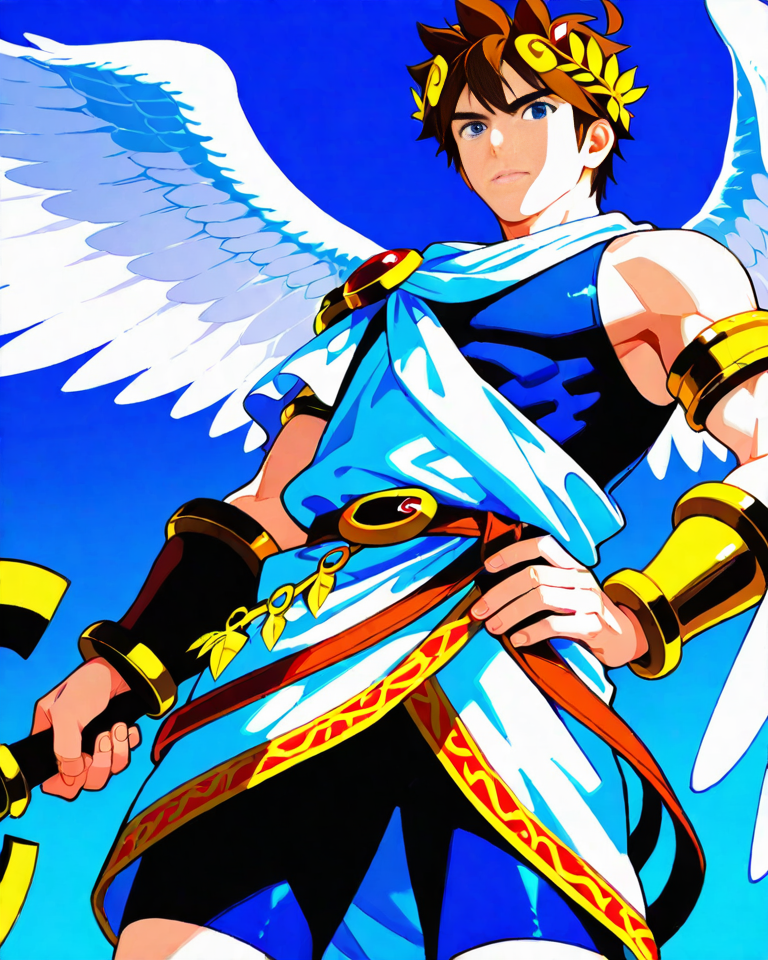 score_9, score_8_up, score_7_up, , <lora:Expressive_H:1>, ((handsome man:1.5, light skin)), cosplay, from below, holding the weapon, 
cowboy shot, (male focus), 1boy, solo, kid_icarus, icarus, icarus clothing, sky, hand on hip, tunic, bodysuit, boots, sandal, large wings, angel wings, folded wings, black bike shorts, bracer, brown hair, laurel crown,  <lora:Kid_Icarus:1>