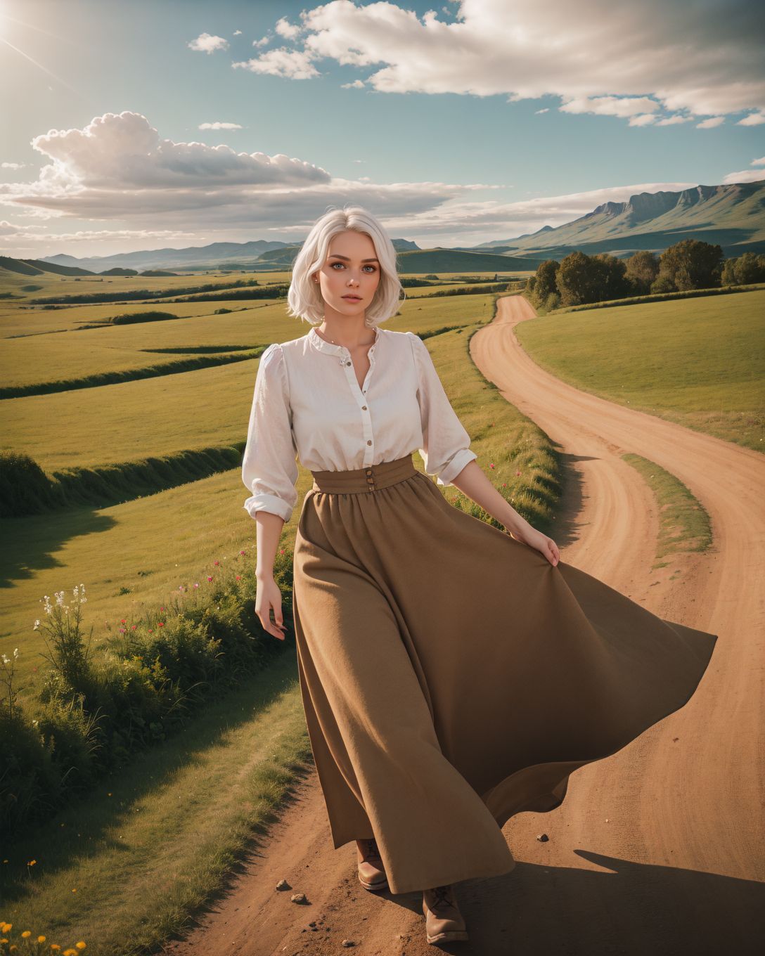 (Aerial view:1.4), (Sn0frid_v1, white hair:1.3),  medium bosom, (style of Dorothea Lange) rugged frontier homestead woman, 1800s Montana, linen blouse, long skirt, apron, practical sturdy boots, earthy tones, natural fibers, rustic charm, sepia-toned aesthetic, arid golden prairie, wooden cabin, wildflowers, cracked soil, farm tools, weathered textures, sun-dappled lighting, determined expression, confident pose, wind-tousled hair, (dramatic clouds:1.2), vast open landscape, vintage authenticity, pioneering spirit ,