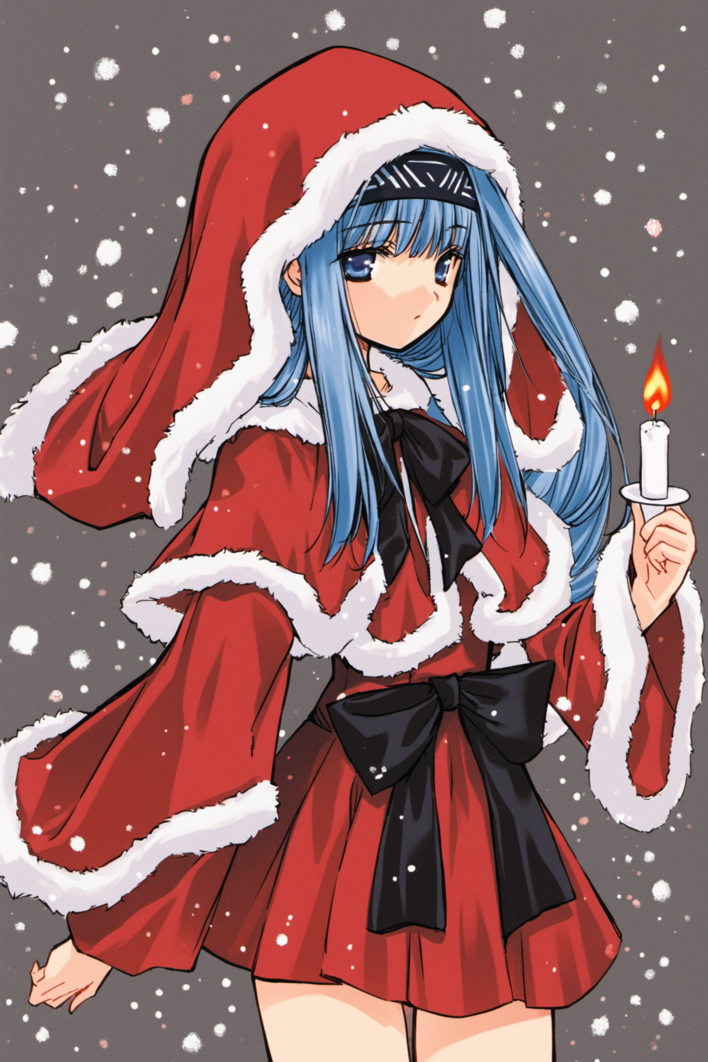 Reverie Metherlence, 1girl, solo, holding, candle, snowing, santa costume, fur trim, long sleeves, hood, long hair, christmas, bow, cowboy shot, blue hair, bangs, capelet, black bow, blue eyes, fire, flame, red skirt, hairband, expressionless, red capelet, snow, looking at viewer, hood up, skirt, wide sleeves,<lora:Azuma Mayumi_XL:0.8>,