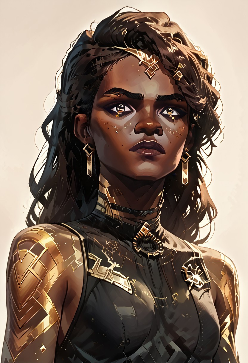 score_9, score_8_up, score_8_up, solo focus, solo, female focus, ArcaneEyesV1, brown hair, dark hair
BREAK 1girl, Mel_Medarda3OutfitsV1, dark skin, dredlocks, very dark skin, earrings, long hair, jewelry, tattoo, MelS2_outfit1