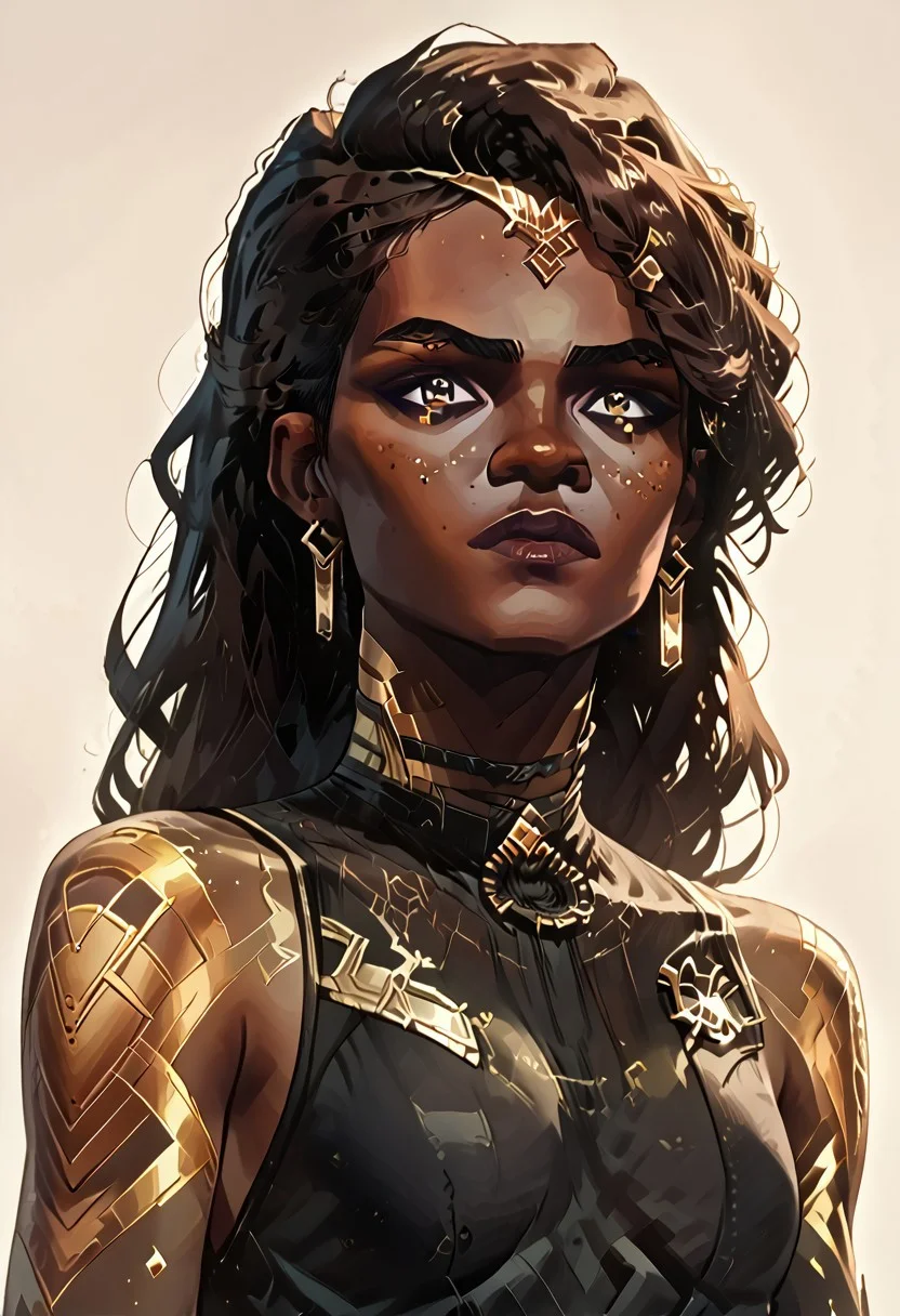 score_9, score_8_up, score_8_up, solo focus, solo, female focus, ArcaneEyesV1, brown hair, dark hair
BREAK 1girl, Mel_Medarda3OutfitsV1, dark skin, dredlocks, very dark skin, earrings, long hair, jewelry, tattoo, MelS2_outfit1