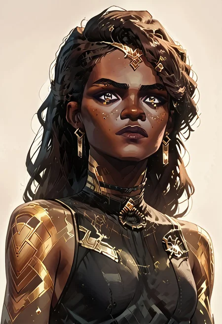 score_9, score_8_up, score_8_up, solo focus, solo, female focus, ArcaneEyesV1, brown hair, dark hair
BREAK 1girl, Mel_Medarda3OutfitsV1, dark skin, dredlocks, very dark skin, earrings, long hair, jewelry, tattoo, MelS2_outfit1