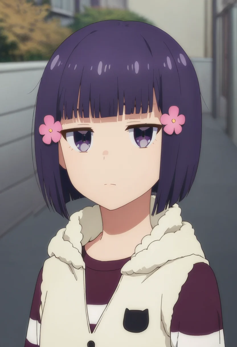 score_9, score_8_up, score_7_up, , <lora:add-detail-xl:3>,
BREAK
<lora:misuzu_flashback:0.8>, misuzu, 1girl, purple eyes, purple hair, short hair, bob cut, striped shirt, hood vest, double hair flower, looking at viewer, closed mouth,
BREAK
solo, , standing,