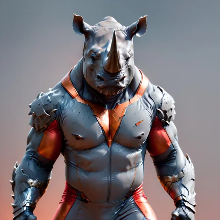<lora:SDXL_Superhero:1> SupHerSup, Dynamic Action Shot of handsome, Rhino Head superhero , in Pastel Gray and Red Orange suit <lora:PerfectEyesXL:0.8> perfecteyes,<lora:add-detail-xl:0.8>,<lora:xl_more_art-full_v1:0.5> 4k, UHD, ultrarealistic photo, full body shot,