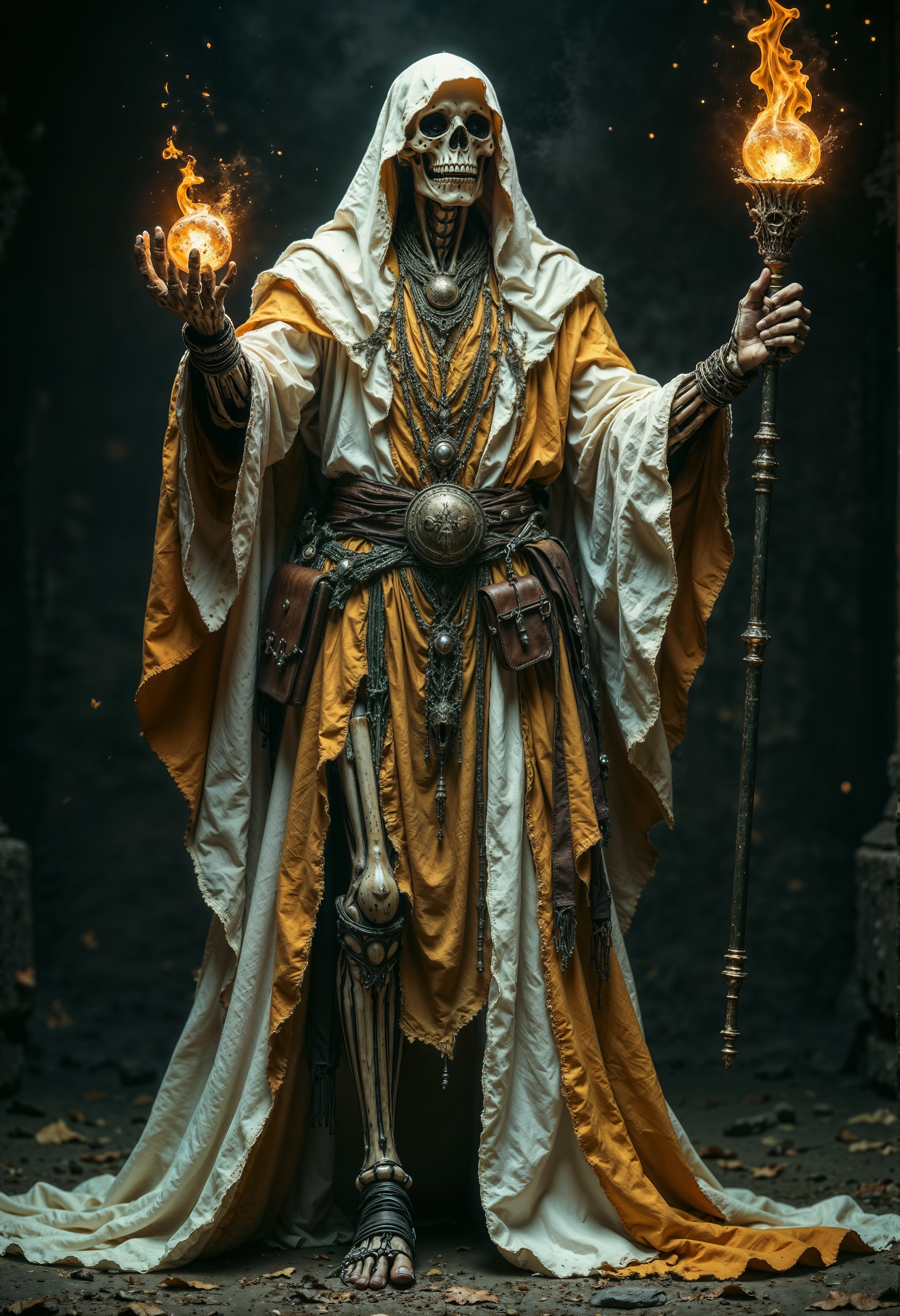 R3alisticF, fantasy photo of an evil male lich in an opulent but worn out white baroque dress with tan and brown accents and a crinoline. an undead skeleton necromancer holding a magic scepter. A grimoire hangs chained to his leather belt. evil laughter. he's wearing a , jewelry, metal pauldrons. skeleton hands. cel shading, dark fantasy, full length portrait, ancient, weathered, worn out clothing, dusty, dirty, rugged, dark background  <lora:FluxMythR3alisticF:1>