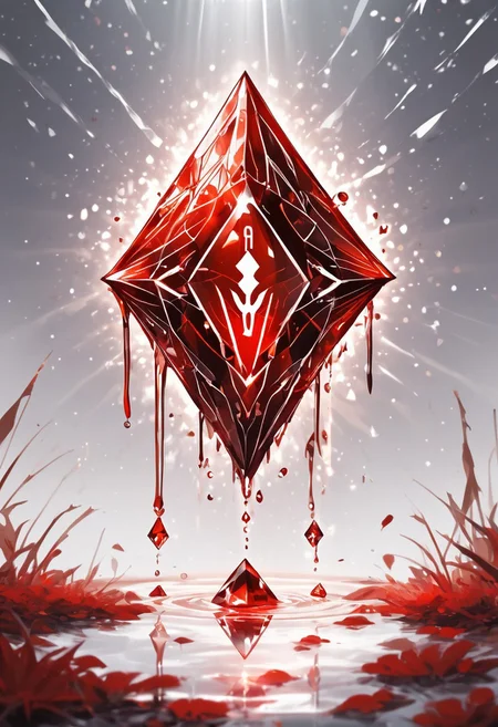 (masterpiece), best quality, Symphtia-Style, Anime, (Floating Diamond, Dripping Liquid), White Background, No Humans, White and Red Theme, (Ancient Runes, Glowing Runes, Light Refraction), Symphtia-Style, Zyrnox-Exoterra Style