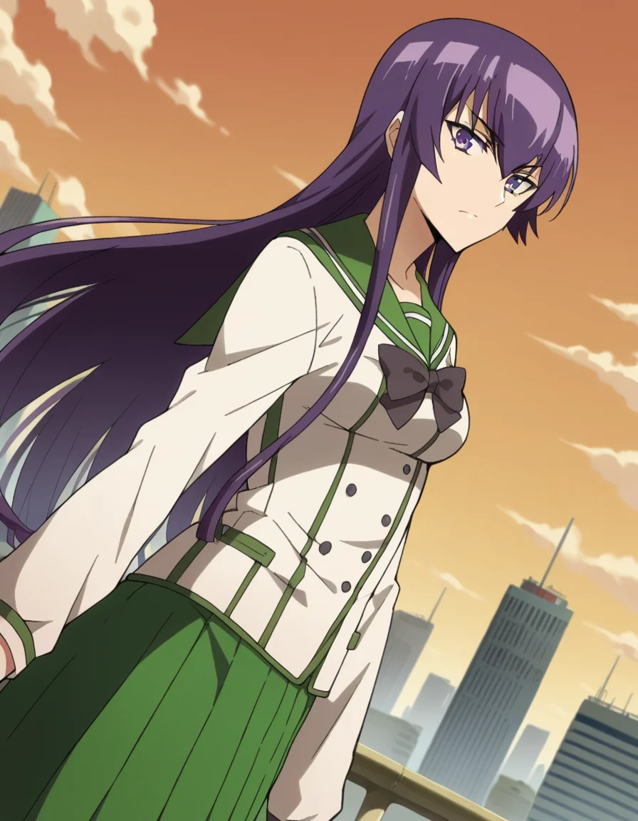score_9, score_8_up, score_7_up, source_anime,
saekobusujima, <lora:saeko-busujima-ponyxl-lora-nochekaiser:1>,
saeko busujima, long hair, purple hair, purple eyes, hair between eyes,
skirt, long sleeves, bow, school uniform, serafuku, green skirt,
outdoors, cityscape, zombies, orange sky,
looking at viewer, dutch angle,