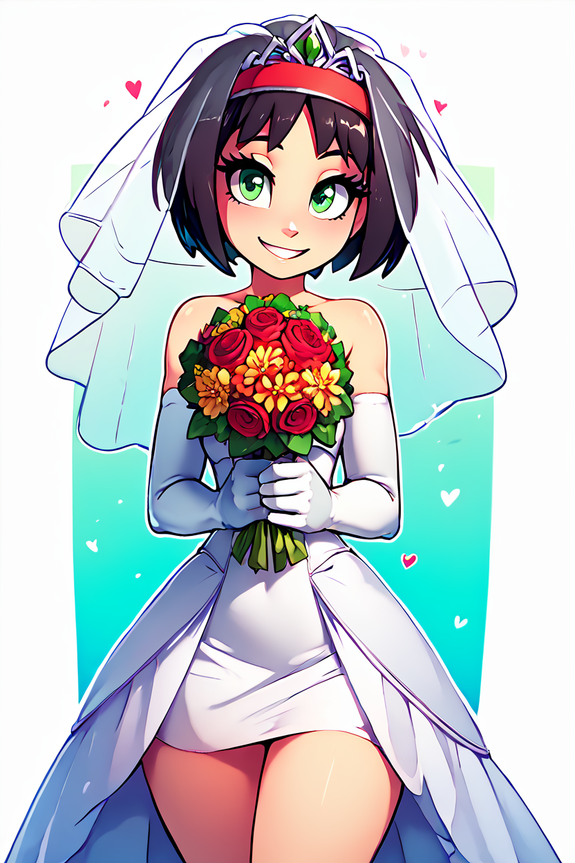 score_9, score_8_up, score_8, medium breasts, (curvy), cute, eyelashes,       BREAK, , zzErika, green eyes, short black hair,  <lora:ErikaPokemonPDXL:0.8>, , BREAK, smile, looking at viewer,  bride, wedding dress, bridal veil, strapless dress, elbow gloves,  holding bouquet,  hearts, white outline, cowboy shot, embedding:zPDXL, Expressiveh, <lora:theOtherHalfPDXL:0.8>,  <lora:CatalystStylePDXL:0.6>,  <lora:SDXLFaeTastic2400:0.5>,  <lora:Expressive_H-000001:0.4>,