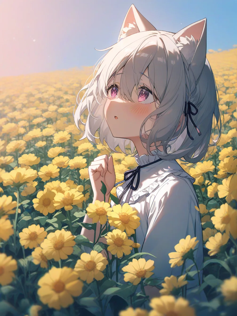 1girl,cat ears,animal ear fluff,hair ribbon,pink eyes,grey hair,short hair,bangs,hair between eyes,eyebrows visible through hair,blush,neck ribbon,white dress,frilled_collar,crease,flat chest,
floating hair,looking away,open mouth,hand up,
outdoors,blue sky,day,clear sky,flower,flower field,yellow flower,
upper body,from side,
<lora:ag31-KonYa666_2-000038:1>,
