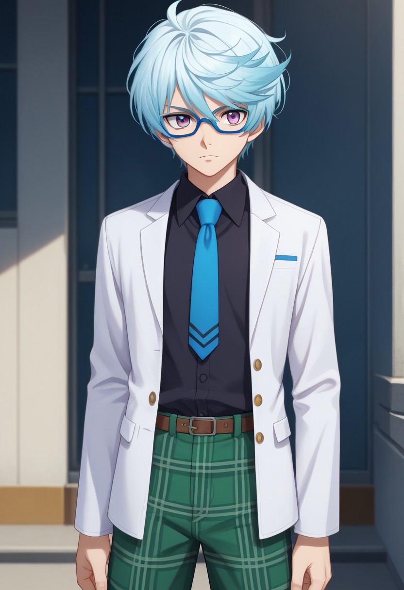 score_9, score_7_up, source_anime
mikleo, 1boy, male focus, solo, purple eyes, blue hair, short hair, swept bangs, glasses, blue-framed eyewear, school uniform, shirt, black shirt, collared shirt, necktie, blue necktie, jacket, white jacket, long sleeves, pants, green pants, plaid pants, plaid,
outdoor,