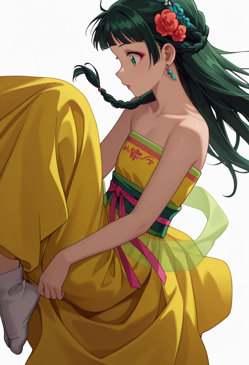 Smooth Quality,masterpiece,very intricate, high quality details, ultra realistic, high detailed skin,detailed enviorement,absurdres,
simple background, white background,solo,
sideways,surprised,
<lora:Maomao_CNR:0.8> maomao_cnr,
maogreen_cnr,
green hair, long hair, green eyes, bare shoulders, flat chest, single braid,makeup,
chinese clothes, hanfu, dress,strapless dress, yellow dress,earrings, hair flower, sash, tabi,