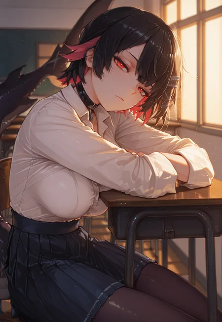 safe_pos, masterpiece, best quality, amazing quality, artist:moriimee, 748cmstyle, in the style of ck-rw, absurdres, perfect face, detailed face, eye_focus, 

(Girl:0.0), 1girl, Ellen_Joe, red_eyes, ultra-detailed anime eyes, black_hair, short_hair, colored_inner_hair, large_breasts, fish_tail, hair_ornament, hairclip, x_hair_ornament, black_choker, school_uniform, white_shirt, collared_shirt, blue_skirt, pleated_skirt, black_pantyhose, fins, buckle

(Pose:0.0), ((looking at viewer)), sitting on chair, sitting behind school desk, arms on desk, arms crossed, ((laying head on crossed arms)), head tilt,

(Emotion:0.0) sleepy, tired, eyes half open, calm, bored, mouth closed, 

(Scene:0.0), from side, Indoors, school classroom, golden hour, schoolyard visible through window, (dark shadows:1.0), high contrast, volumetric lighting, blurry background, depth of field, aesthetic, cowboy shot,