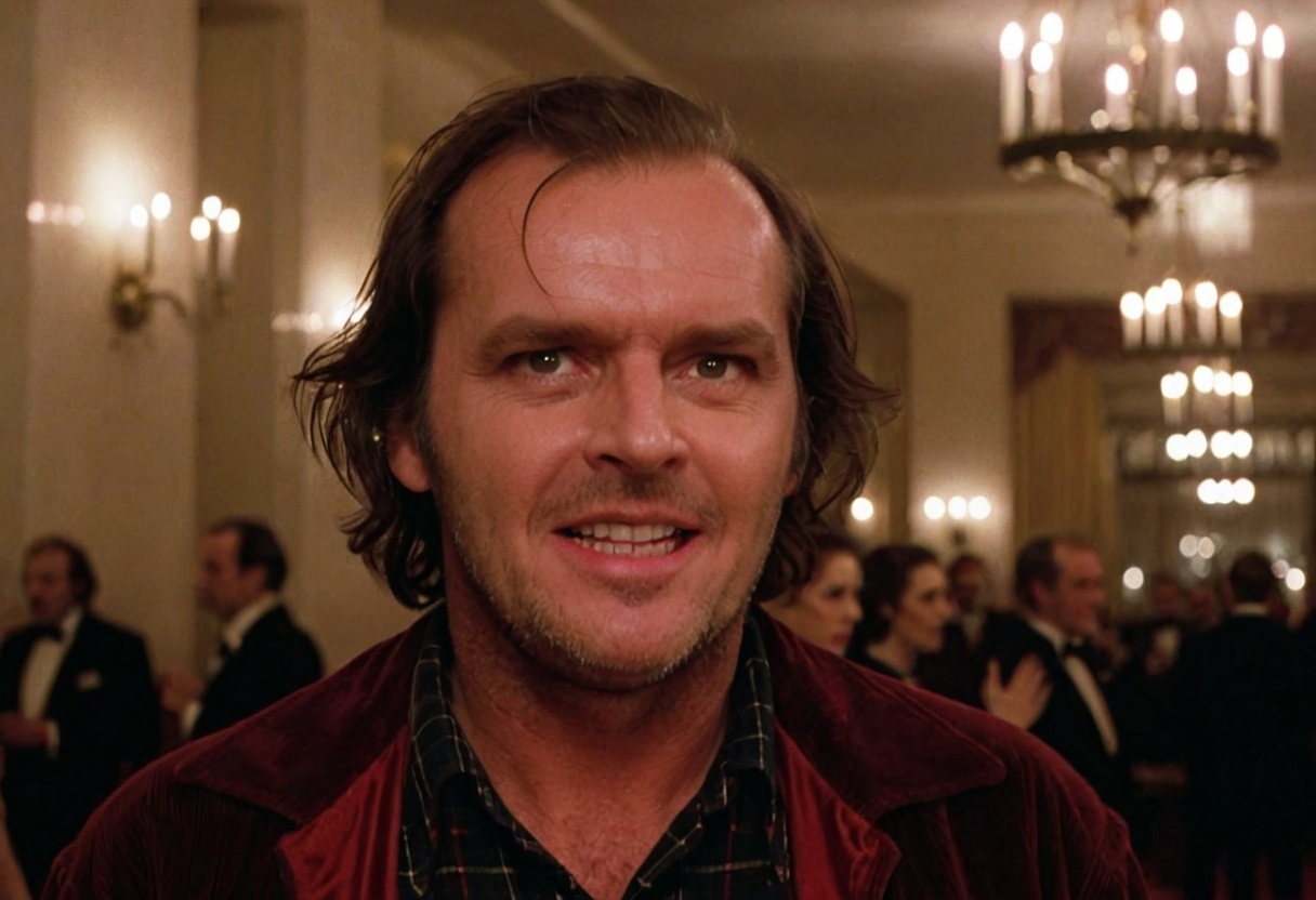 Jack Torrance, closeup, crazy evil look, powerful, Overlook Hotel, ballroom, people in background, party, indoors, highly detailed, 4K, ((grainy 35mm photo))