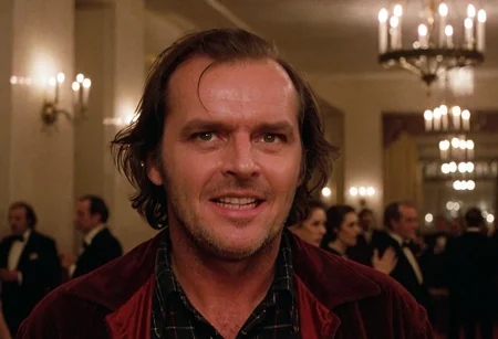 Jack Torrance, closeup, crazy evil look, powerful, Overlook Hotel, ballroom, people in background, party, indoors, highly detailed, 4K, ((grainy 35mm photo))