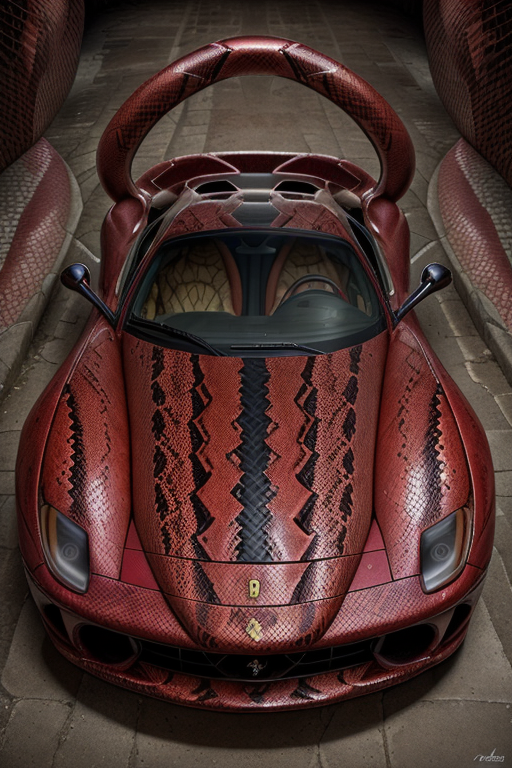 (a red shiny ferrari testarossa covered in scaly snekv1 skin), (ultra-detailed, masterpiece, best quality, high resolution:1),  <lora:snekv1:0.8>