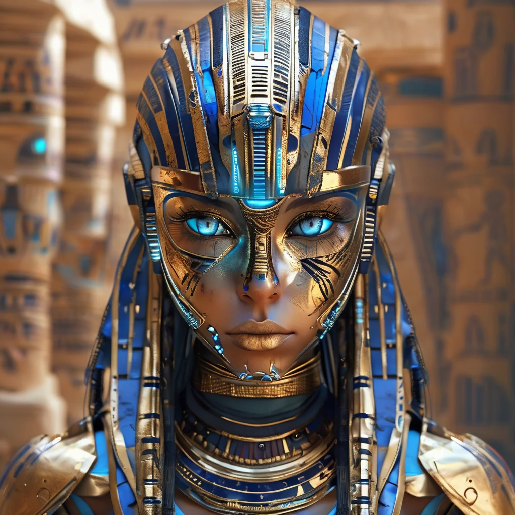 pharaotech warrior cyborg girl blue eye in the background powerful Egyptian robots, very detailed, expressive, cinematic<lora:pharaotech:0.8>