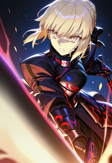 very awa, masterpiece, best quality, volumetric lighting, foreshortening,
artoria pendragon \(fate\), saber alter,
1girl, armor, armored dress, black armor, blonde hair, braid, braided bun, breastplate, brown eyes, excalibur morgan \(fate\), eyebrows hidden by hair, gauntlets, hair between eyes, hair bun, swinging weapon, scowl, >:(, short hair, sidelocks, single hair bun, solo, en guard, sword, weapon