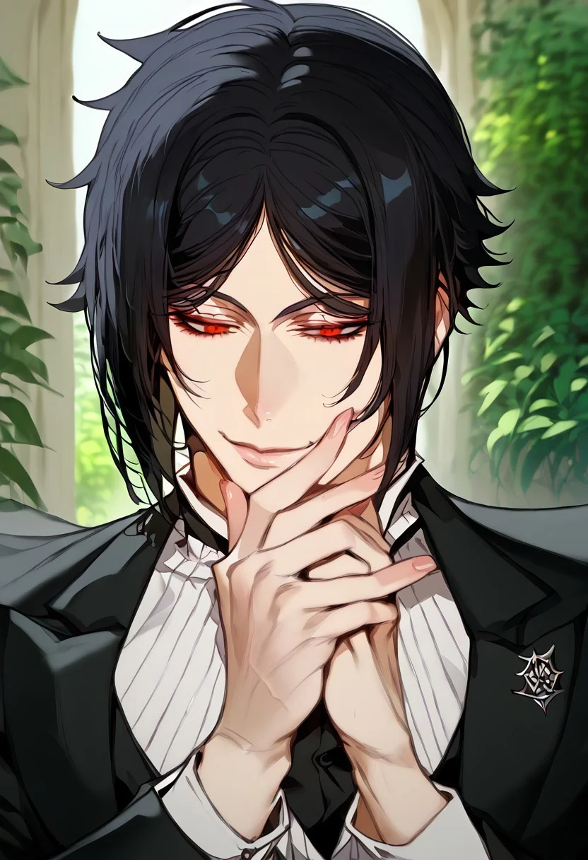 anime artwork, score_9, score_8_up, score_7_up, score_6_up, score_5_up, 1boy, red eyes, garden, fountain, sunny, bliss, fully black hair, black butler outfit, handsome, white gloves, detailed clothing, masterpiece, straight hair, suit, simple cotton gloves, solo, closer to the face,
<lora:Floox_Style:1>, , detailed eyes, close up, crimson eyes, scarlet eyes, camera from below, looking down, Sebastian black butler, black butler, Sebastian michaelis, Kurishitsuji, smile, pale skin, handsome man, bowing, kissing Pov hand, pov female hand, bigger eyes, looking at viewer, kissing viewer's hand