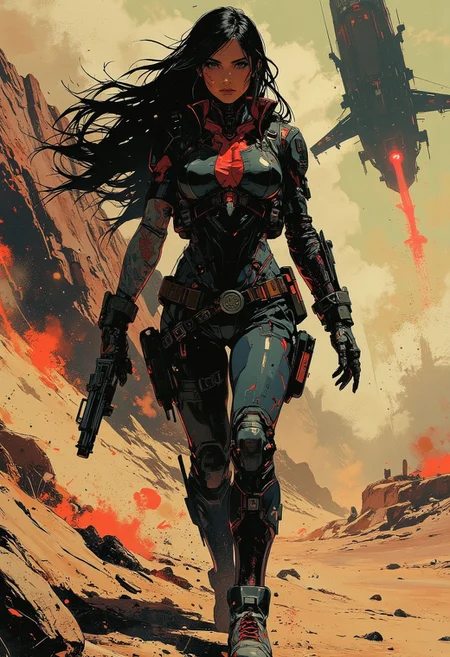 in the style of ck-mgs, nistyle, Inkplash art on rice paper, sepia, henna, magnificent, inksplash, closeup portrait, female bounty hunter, large breasts, large ass, neck tattoos, flowing black hair, reflective black and neon red armor, futuristic armor, holding a rifle in her hands, aiming a rifle, holstered pistol, abstract background suggesting a harsh desert world, Spaceships flying overhead, dust storm, windy, walking through a dust storm,
Cowboy Shot, close up,