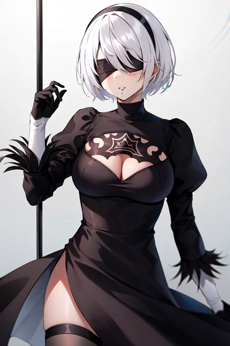 yorha no. 2 type b, , 1girl, bangs, black blindfold, black dress, black gloves, black hairband, blindfold, blindfold removed, breasts, cleavage cutout, clothing cutout, commentary request, dress, gloves, hairband, half-closed eyes, hand up, highres, io (sinking=carousel), juliet sleeves, long sleeves, looking at viewer, medium breasts, mole, mole under mouth, nier (series), nier automata, no blindfold, parted lips, puffy sleeves, short hair, solo, thighhighs, turtleneck, upper body, white hair,
<lora:yorha_noDOT_2_type_b:0.5>