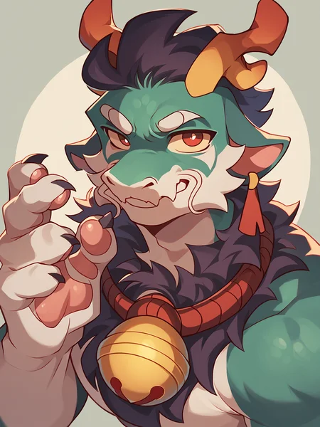 score_9, score_8_up, score_7_up, high quality, hires, male, solo, anthro, furry, buff body, smug, seductive, antlers, red eyes, bell, looking at viewer, claws, <lora:Greene:1>