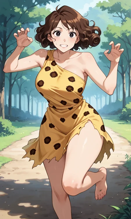 (1girl:1.5), (solo:1.3), (score_9, score_8_up, score_7_up, score_6_up, score_5_up, score_4_up), (source_anime), rating_questionable, looking at viewer, (cowboy shot:1.3), outdoors,  forest, lawn,smile, 
 (nohara-misae), (black eyes, brown hair, medium hair, curly hair, voluminous hair, fluffy hair, parody hair), (huge breasts, wide hips, thick thighs), <lora:nohara-misae-prime_v1:0.8> (messy hair, yellow untamed fur dress, leopard print, one shoulder, sleeveless, backless outfit, torn clothes, dirty, bare legs, barefoot), jumping, running, claw pose, clenched teeth, hands up,