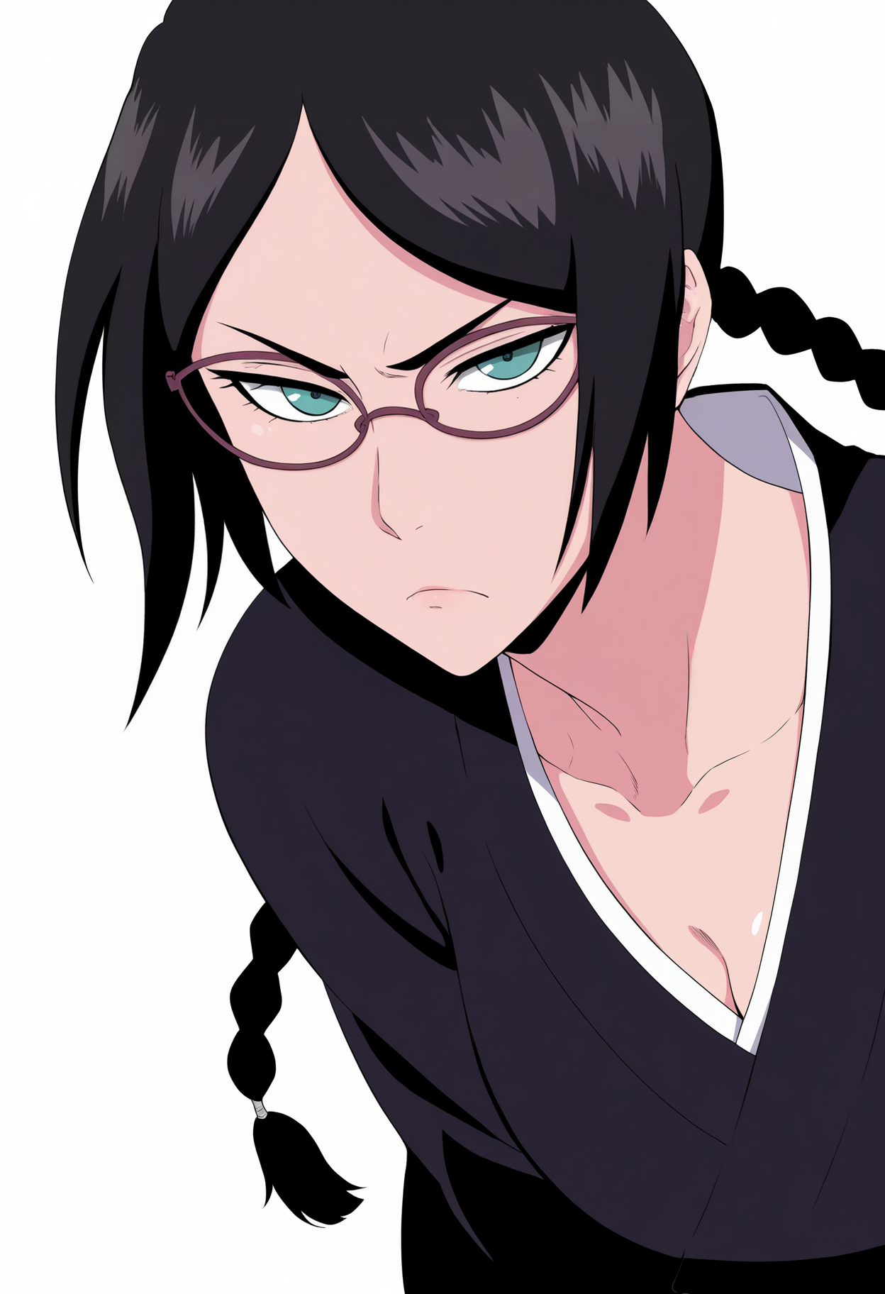 best quality, amazing quality, very aesthetic, absurdres,
1girl, yadoumaru lisa, black hair, twin braids, aqua eyes,
glasses,
black haori, japanese clothes, kimono,
upper body, standing,
frown,
solo, looking at viewer, simple background, white background    <lora:LisaYadomaruNoobXL_byKonan:1>
