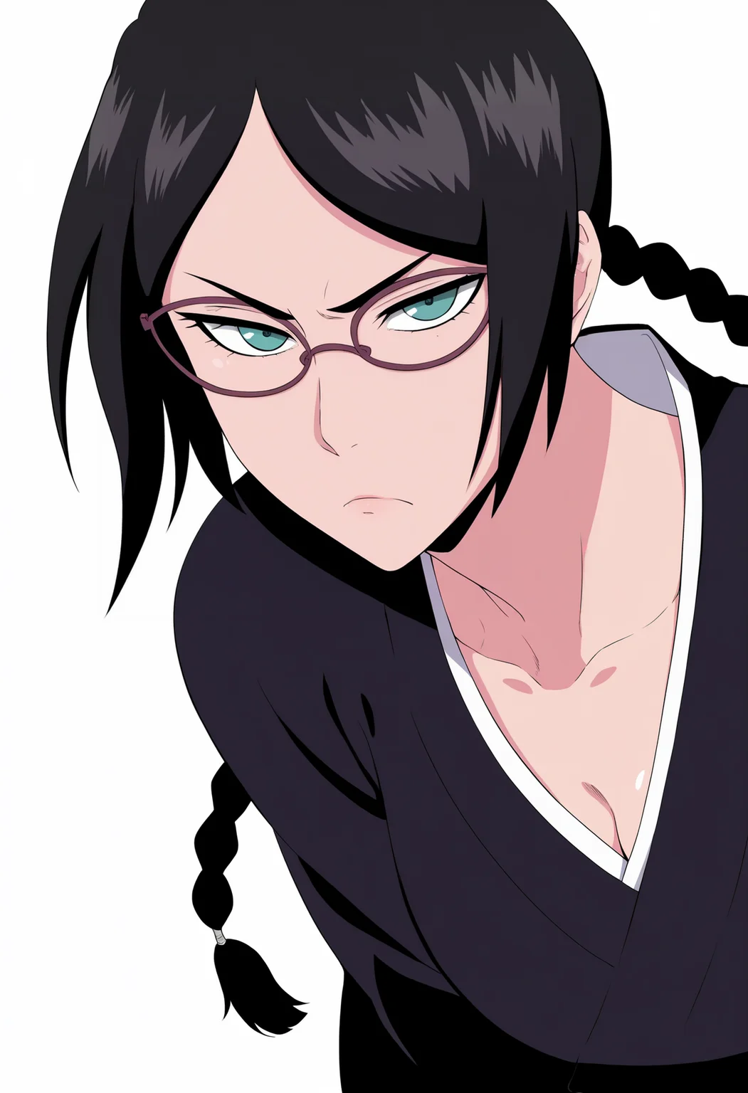 best quality, amazing quality, very aesthetic, absurdres,
1girl, yadoumaru lisa, black hair, twin braids, aqua eyes,
glasses,
black haori, japanese clothes, kimono,
upper body, standing,
frown,
solo, looking at viewer, simple background, white background <lora:LisaYadomaruNoobXL_byKonan:1>