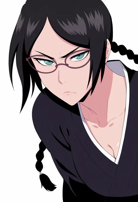 best quality, amazing quality, very aesthetic, absurdres,
1girl, yadoumaru lisa, black hair, twin braids, aqua eyes,
glasses,
black haori, japanese clothes, kimono,
upper body, standing,
frown,
solo, looking at viewer, simple background, white background <lora:LisaYadomaruNoobXL_byKonan:1>