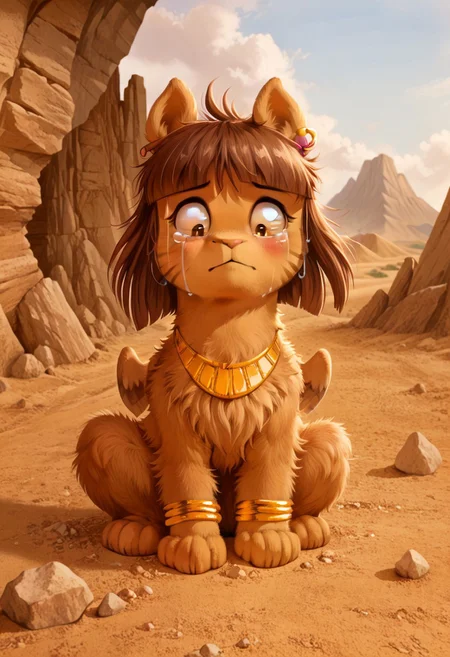 full body, ((solo)), furry, fluffy, fluffy fur, perfect eyes, zPDXL3, ((action_pose:1.5)), sfw, 
cute female furry feral chibi m4gp1e, sitting, sad, crying, tears, blushing, rocks, source_furry, m4gp1e, sphinx, feral, jewelry, bracelets, wings, smiling,
(((outside desert mountain))),  
(high detailed face), (high art quality), (high detailed), 4k, (high resolution), (8k resolution), masterpiece, best quality, ((scenery)), detailed background