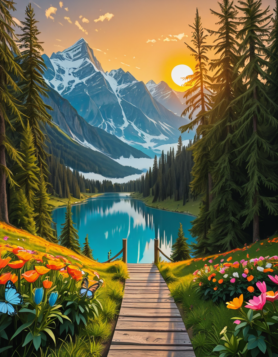 A breathtaking, high-resolution photograph of the most beautiful place on Earth, where natureâs wonders blend in perfect harmony. Towering, snow-capped mountains rise majestically in the background, their peaks glowing under the golden hues of a setting sun. Below, a crystal-clear turquoise lake reflects the colors of the sky, surrounded by lush, green forests filled with ancient trees, vibrant wildflowers, and cascading waterfalls. A soft mist rises from the valley, adding a dreamlike quality to the scene. In the distance, rolling meadows stretch toward the horizon, dotted with colorful flowers and serene wildlifeâgraceful deer grazing, birds soaring in the sky, and butterflies dancing in the breeze. A wooden footpath winds through the landscape, leading to a secluded, tranquil spot where the beauty of nature can be fully admired. The air is crisp and filled with the soothing sounds of rustling leaves, flowing water, and distant birdsong. The sky above is a masterpiece of colorsâdeep oranges, purples, and pinks blending seamlessly as the sun sets, casting a magical glow over this untouched paradise. The atmosphere is peaceful, awe-inspiring, and filled with a deep sense of wonder and tranquility, as if stepping into a perfect dream.
<lora:SDXLFaeTastic2400:0.4> <lora:extremely_detailed:0.4> extremely detailed,Earth P4r4d1s3, <lora:Earth_P4r4d1s3-i:1>, Masterpiece,best quality,hi res,8k,hi res,8k,award winning,(sharp focus, intricate, highly detailed),