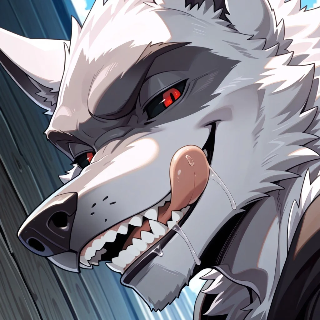 masterpiece, best quality, amazing quality, solo, 1boy, DeathLW, bara, red eyes, black sclera, close up, smile, smirk, grin, slightly open mouth, licking lips, drool, dutch angle, side view, angle view