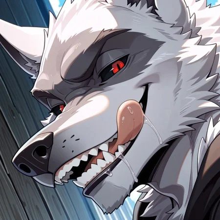 masterpiece, best quality, amazing quality, solo, 1boy, DeathLW, bara, red eyes, black sclera, close up, smile, smirk, grin, slightly open mouth, licking lips, drool, dutch angle, side view, angle view