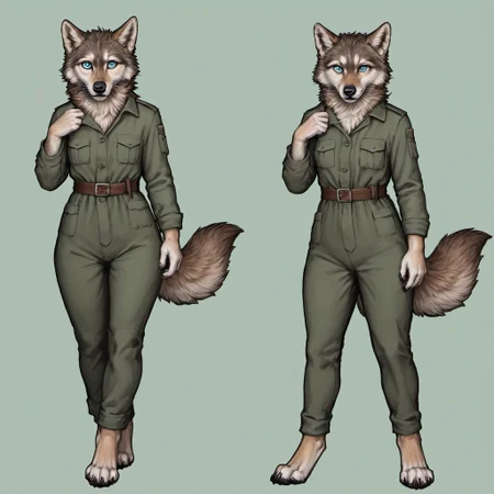 score_9, score_8_up, score_7_up, source_furry, detailed face, detailed eyes, incredible detail BREAK 1girl, solo, anthro, wide shot (furry female, wolf, light brown fur, monotone fur, light blue eyes,slightly wide hips, small breasts), black nose, whiskers, ear flop, solo, looking at viewer, simple background, green background, full body, hunter outfit, archer outfit, shy pose