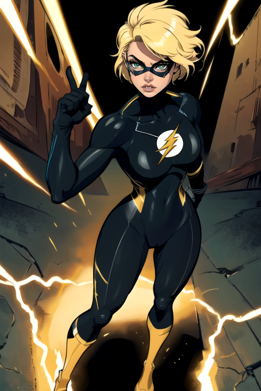 masterpiece,best quality,extreme detail,8k,image sharpness,<lora:flash-20:0.6>,flashwoman,1girl,solo,breasts,looking at viewer,blonde hair,gloves,lips,((black bodysuit)),mask,animification,full body,standing pose,(curvy),electricity,cut hair,green eyes,