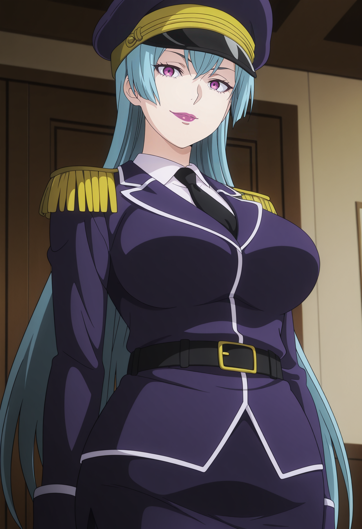 1girl,solo,mm,mature female,long hair,blue hair,purple eyes,lipstick,large breasts,anime coloring,
hat,peaked cap,uniform,military uniform,epaulettes,necktie,jacket,pencil skirt,belt,pantyhose,upper body, looking at viewer, smile,indoors
,masterpiece,best quality,amazing quality,<lora:Sarge-Shokugeki_no_Souma:0.8>