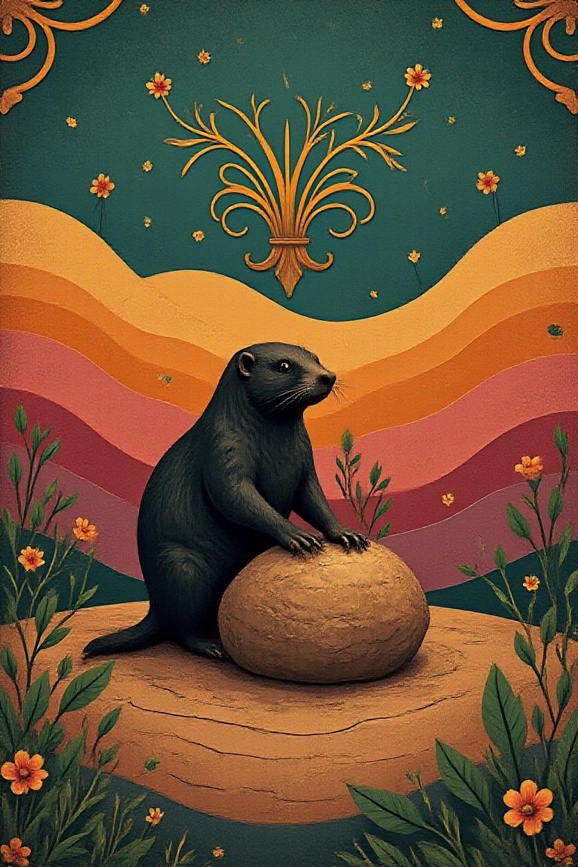 <lora:FolkCartoon.safetensors:1>  Polished chrome surface with intricate, flowing curves and ornate floral motifs, the subject of this piece is a sleek, modern sculpture of a mole. The mole, an adult with a sleek, dark fur that glistens under dramatic lighting, is depicted in a dynamic pose, its powerful forepaws clawing at a textured, metallic surface that mimics the earth. The sculpture is set against a rich background of deep jewel tones—teal, amber, and deep pink—adding a vibrant, eye-catching contrast to the glossy, reflective finish of the subject. Subtle gradients and translucent textures enhance the depth and brightness of the background, while elegant greenery, such as leaves and small plants, provide a natural, balanced touch amidst the opulent design. The atmosphere is a blend of modern minimalism and baroque sophistication, with clean lines and contrasting neutrals hinting at a contemporary setting. The lighting is carefully placed to highlight the mole's sculptural form, casting dramatic reflections and glints that create a luxurious appeal. The overall effect is a synthesis of timelessly ornate and strikingly modern, transforming a natural scene into a grand, regal masterpiece.