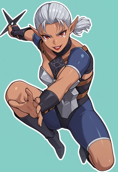 masterpiece, best quality, 1girl, incoming attack, grin, v-shaped eyebrows, throwing, shuriken, foreshortening, full body, jumping, looking at viewer, <lora:ImpaOOT-illu:1> 1mpa, short hair, short ponytail, grey hair, red eyes, facial mark, pointy ears, red lips, dark-skinned female, breastplate, blue bodysuit, collared leotard, shoulder armor, vambraces, bike shorts, blue shorts, knee boots, aqua background, white outline, (holding:0.8)