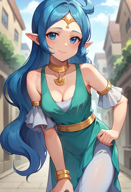 score_9, score_8_up, score_7_up, masterpiece, source_anime, 1girl, ct_nayru, long hair, blue hair, ahoge, blue eyes, gold circlet, choker, gold necklace, dress, gold bracelet, armlet, looking at viewer, outdoors, depth of field, city, cowboy shot, cleavage, medium breasts, smile, leaning forward, from below, closed mouth, <lora:Nayru_Pony_ct:0.9>