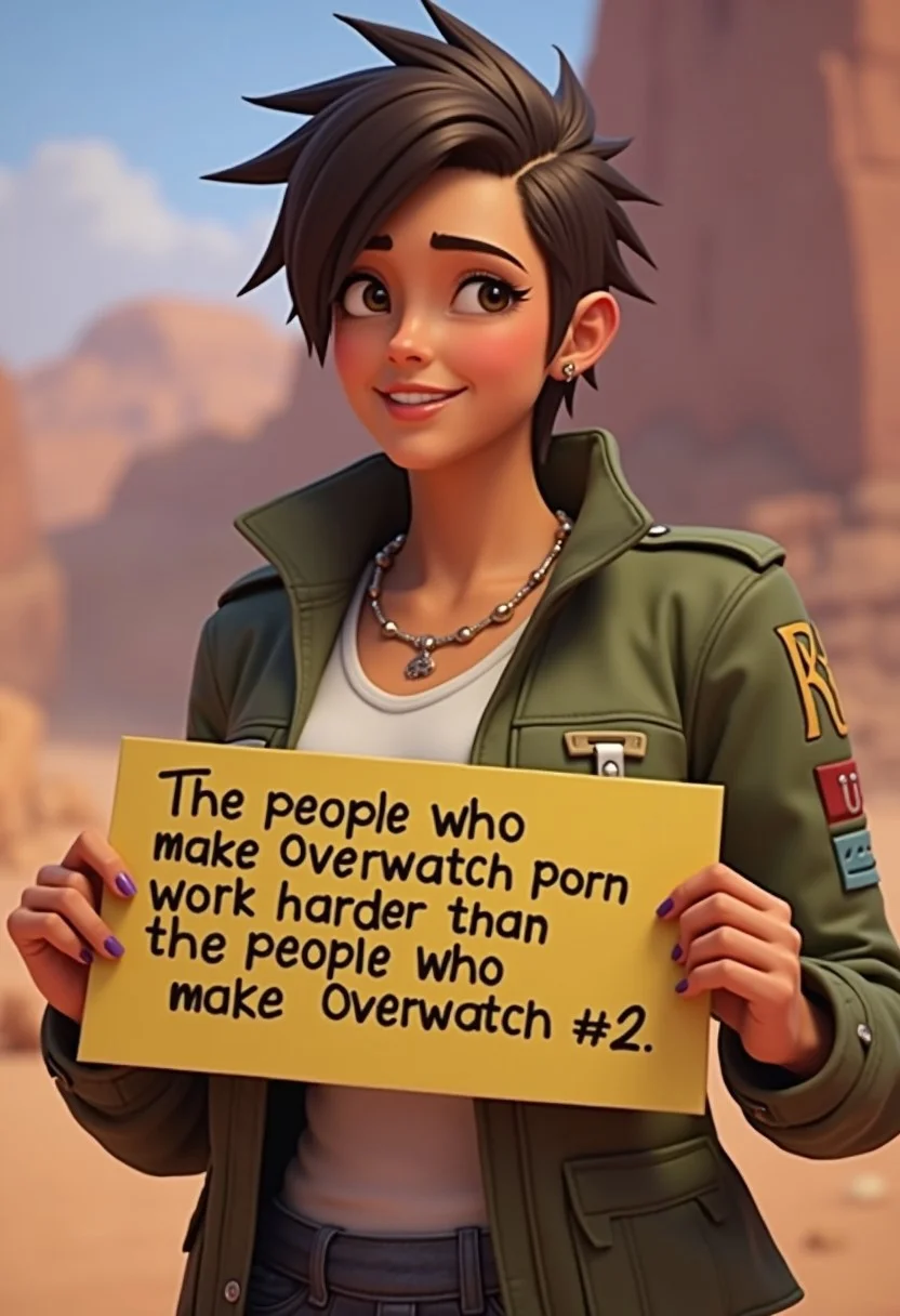 <lora:OverwatchCinematicStyle-guy90-FluxV1:1>, Overwatch Cinematic Style, Tracer from Overwatch with short brown spiky haircut. She is smiling. She is wearing army jacket and holding a sign that says "The people who make Overwatch porn work harder than the people who make Overwatch 2"