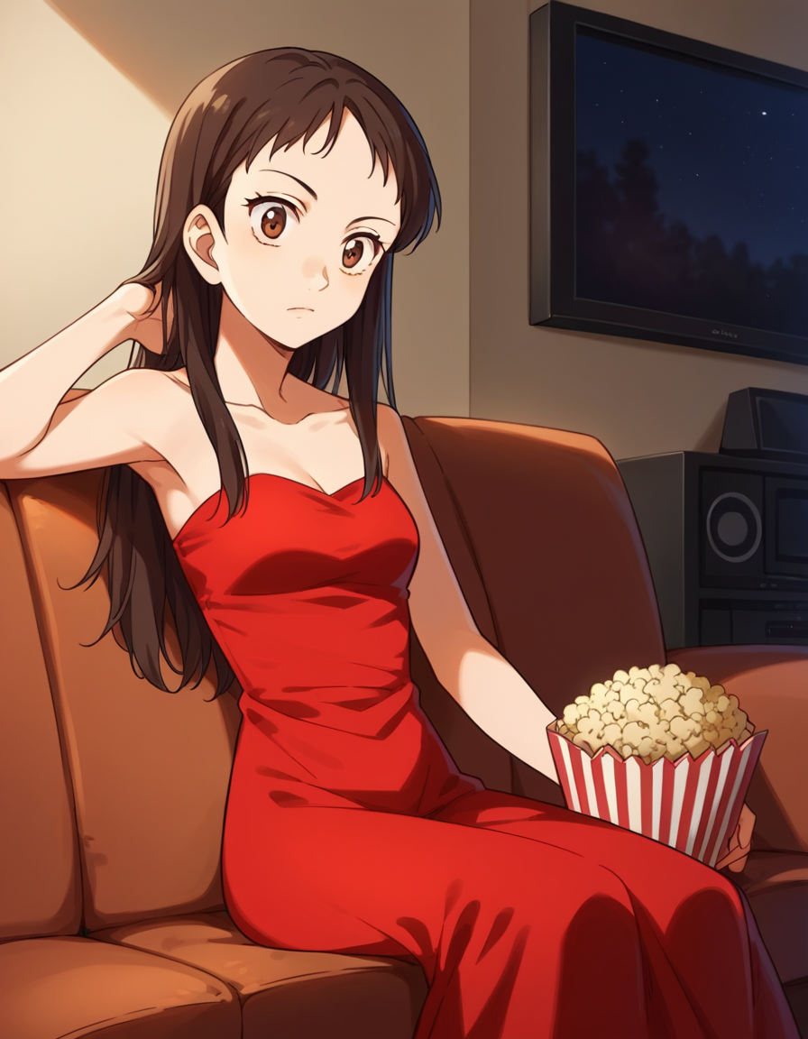 score_9, score_8_up, score_7_up, source_anime, <lora:emi-igawa-s1-ponyxl-lora-nochekaiser:1>,, emi igawa, long hair, brown eyes,, dress, red dress, collarbone, bare shoulders,, living room, television, couch, popcorn, watching movie, night time, sitting,, , , hand behind head, solo,, cowboy shot, dutch angle