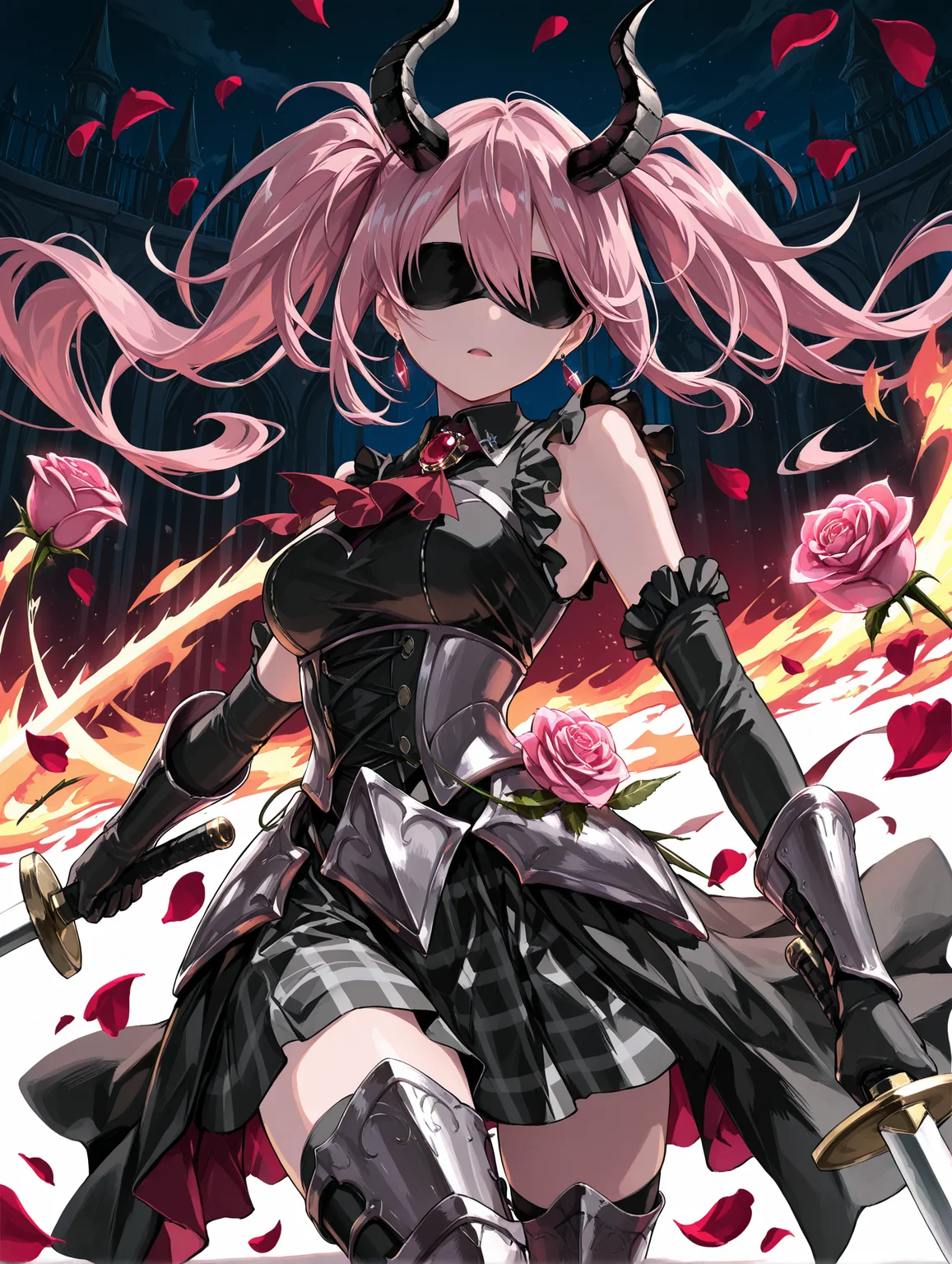 tcs,1girl,solo,pink hair,long hair,twintails,long bangs,black blindfold,covered eyes,expressionless,open mouth,demon horns,earrings,medium breasts,black dress,sleeveless,frills,brooch,ascot,red ascot,elbow gloves,black gloves,plaid skirt,black skirt,pink rose,black thighhighs,armored boots,jewelry,holding,holding sword,sword,dual wielding,slashing,looking at viewer,cowboy shot,night,floating,floating object,rose petals,shadow,fire,masterpiece,best quality,amazing quality,<lora:tcs_style_v2_ilxl_lokr:1>,