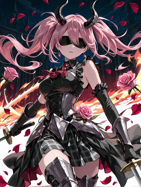 tcs,1girl,solo,pink hair,long hair,twintails,long bangs,black blindfold,covered eyes,expressionless,open mouth,demon horns,earrings,medium breasts,black dress,sleeveless,frills,brooch,ascot,red ascot,elbow gloves,black gloves,plaid skirt,black skirt,pink rose,black thighhighs,armored boots,jewelry,holding,holding sword,sword,dual wielding,slashing,looking at viewer,cowboy shot,night,floating,floating object,rose petals,shadow,fire,masterpiece,best quality,amazing quality,<lora:tcs_style_v2_ilxl_lokr:1>,
