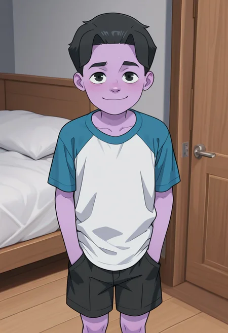 masterpiece, best quality, amazing quality, 1boy, solo, cute boy, male focus,1boy,Oliver, Black Hair, Black Eyes, Purple Skin, Colored Skin,detailed skin, shaded skin,standing,t-shirt, raglan sleeves, shorts,hands in pockets,looking at viewer,bedroom,smiling