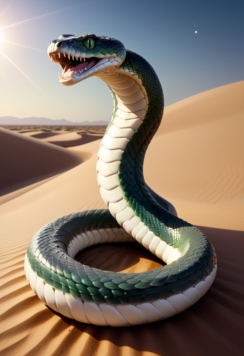 (medium full shot) of (majestic snake) with muscular body, dark green eyes, pearl white iridescent scales, venomous fangs, whip-like tail, spines along back armored plates, set in  a vast arid desert, with rolling dunes and the sun blazing high in the sky, where the air is dry and the landscape stretches out endlessly, under the moonlight, woman smiling, ,Masterpiece,best quality, raw photo, realistic, very aesthetic