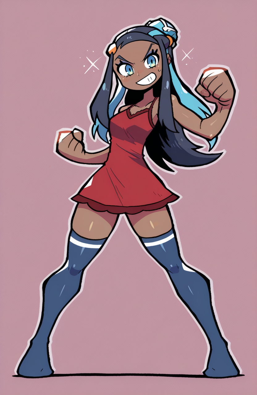 1girl, solo, <lora:rariatoo:1> rariatto,
nessa \(pokemon\), streaked hair, dark skin,, red chemise, aqua over-kneehighs, no shoes, standing, fists clenched, determined grin, intense eyes, pumped up vibe, extremely detailed, highres, masterpiece, best quality