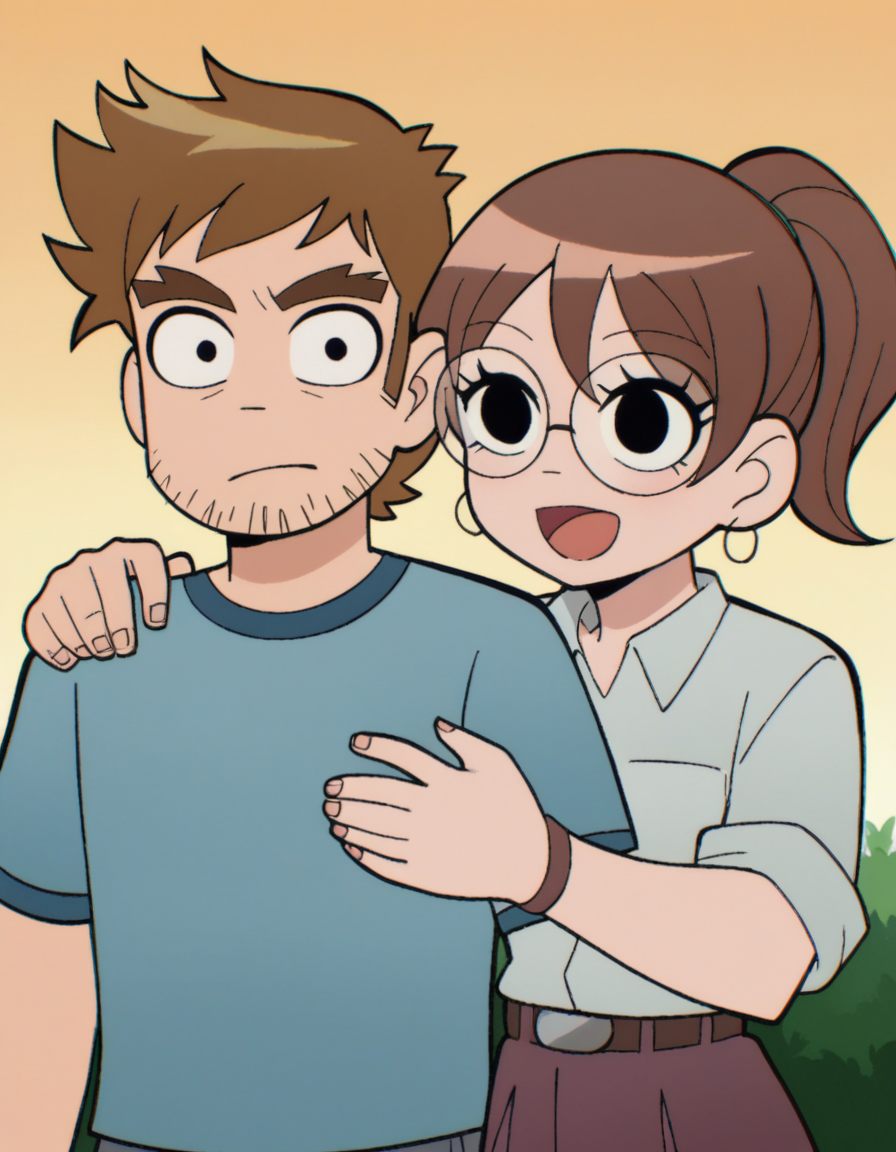 zPDXL, score_9, score_8_up, score_7_up, source_anime, <lora:ScottP-v2-3:0.8> scttp, multiple characters, outdoors, smiling, happy, hugging, looking at another, cute, adorable, blush, heart, 
stephen, short hair, brown hair, facial hair, beard stubble, thick eyebrows,
Julie, brown hair, ponytail, round eyewear,