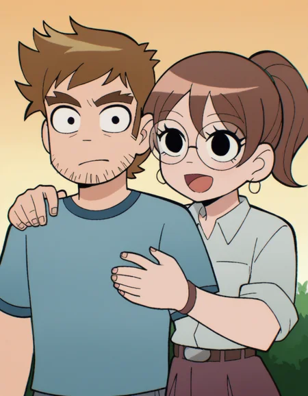 zPDXL, score_9, score_8_up, score_7_up, source_anime, <lora:ScottP-v2-3:0.8> scttp, multiple characters, outdoors, smiling, happy, hugging, looking at another, cute, adorable, blush, heart,
stephen, short hair, brown hair, facial hair, beard stubble, thick eyebrows,
Julie, brown hair, ponytail, round eyewear,