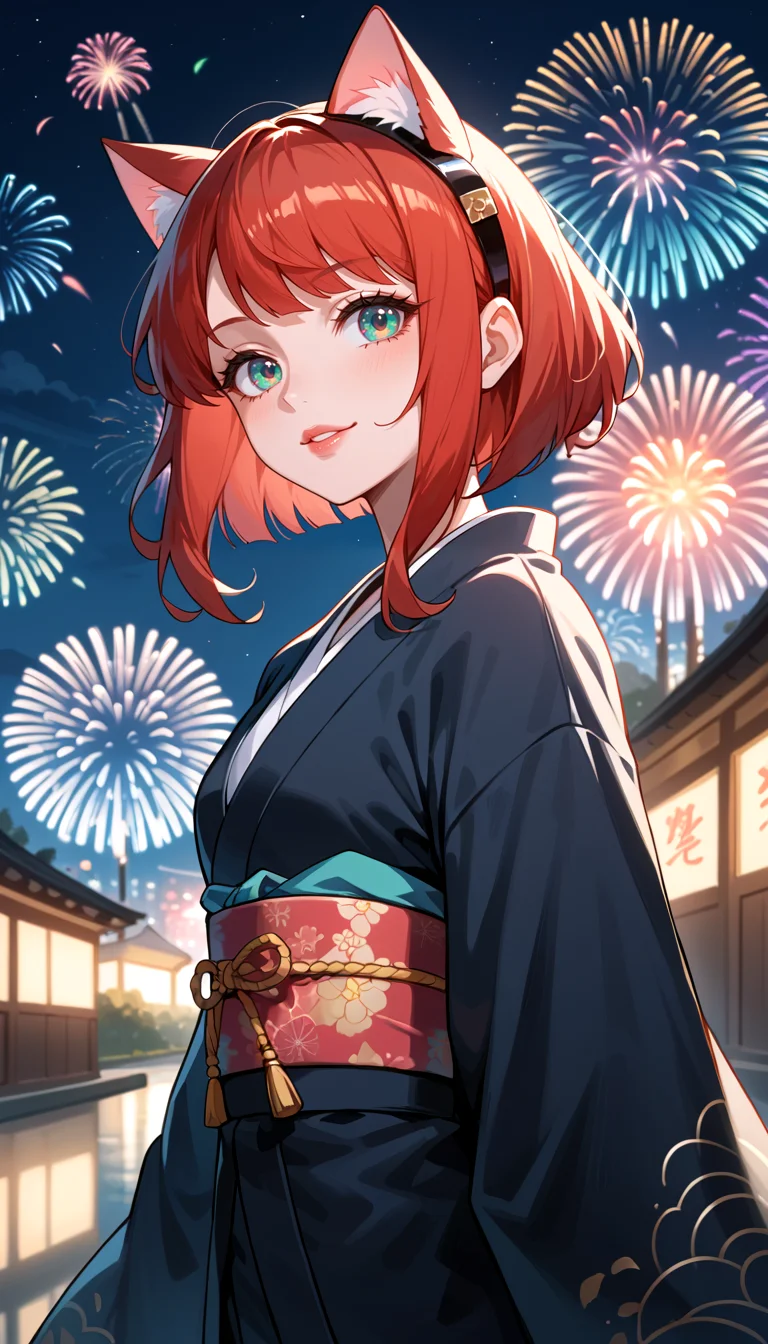 score_9, score_8_up, score_7_up, Anime Style, Cowboy Shot, girl, cute, seductive, innocent, light smile:0.3, plump lips, slender body, cat ears cyberpunk spy lord, kimono, bob hair, radiant color, pale turquoise and red hair, ghostly fantasy settlement in a Mudflat, night, fireworks background, depth of field, dynamic angle, fashion photography, sharp, hyperdetailed:1.15